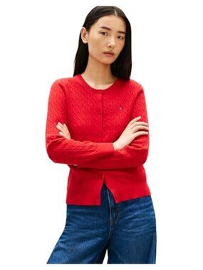 Womens Cable Knit Crew Neck Cardigan Sweater Long Sleeve Button Down